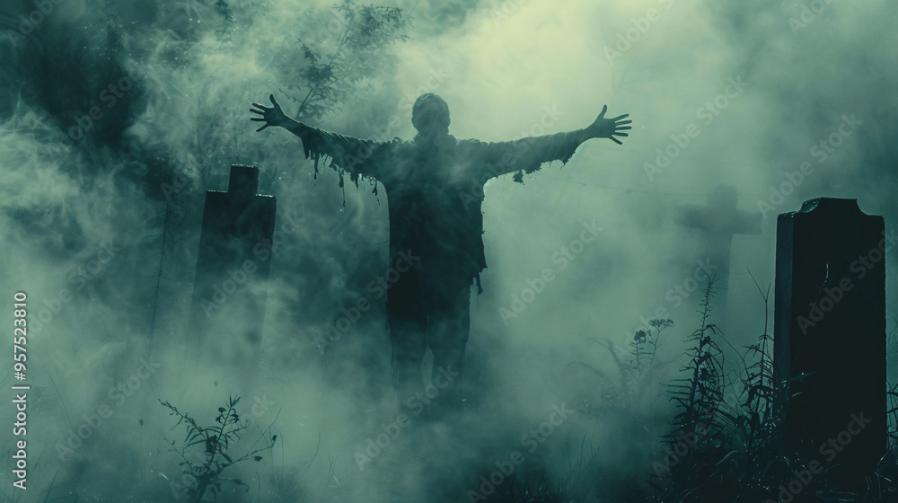 Creepy Zombie Rising from Misty Graveyard - Halloween Horror Scene with Copy Space for Text Overlay Creepy Zombie Rising from Misty Graveyard - Halloween Horror Scene with Copy Space for Text Overlay