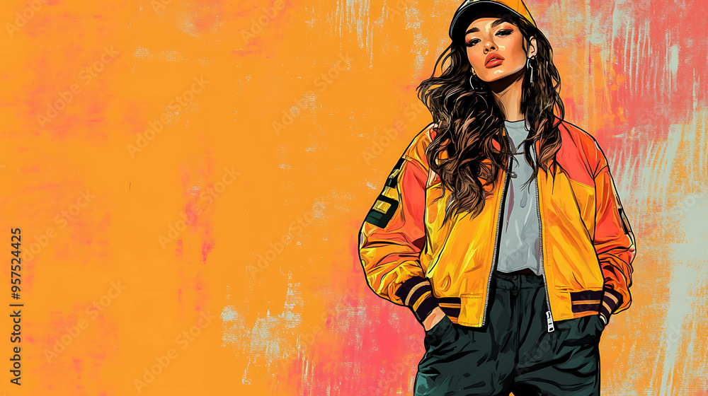 A digital illustration of a young woman with long dark hair wearing a yellow bomber jacket and a cap. A digital illustration of a young woman with long dark hair wearing a yellow bomber jacket and a cap.