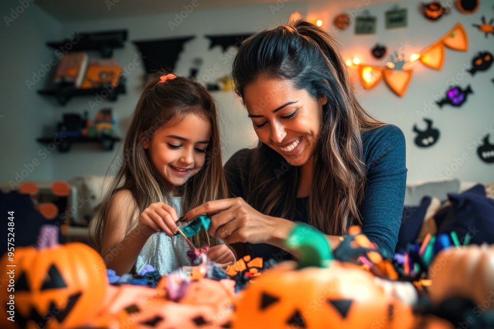 Fototapeta premium A heartwarming scene of a Latino family making Halloween decorations at home. The close-up of a smiling mother and child captures their creative bond during the festive holiday.