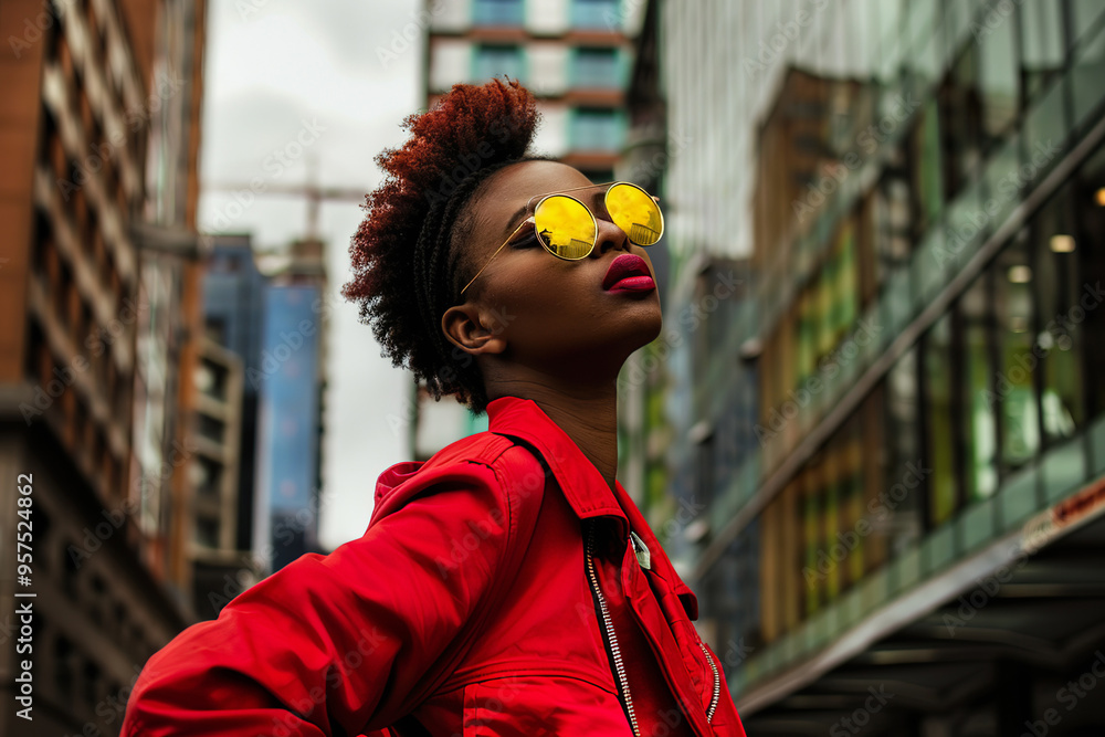 Obraz premium young South African woman showcases her unique style, urban backdrop