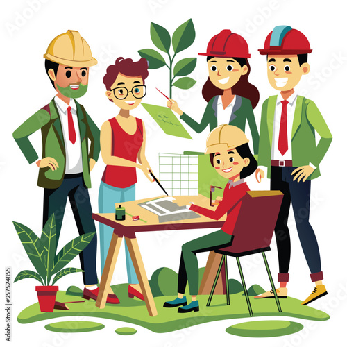 A group of five architects are gathered around a table, working on blueprints in an outdoor setting. They are surrounded by potted plants, suggesting a relaxed and creative work environment