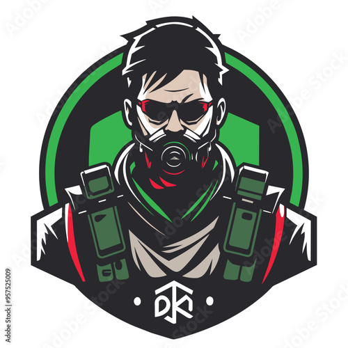 A stylized illustration of a rogue agent from The Division video game series, wearing a gas mask and sunglasses, facing forward in a green circle