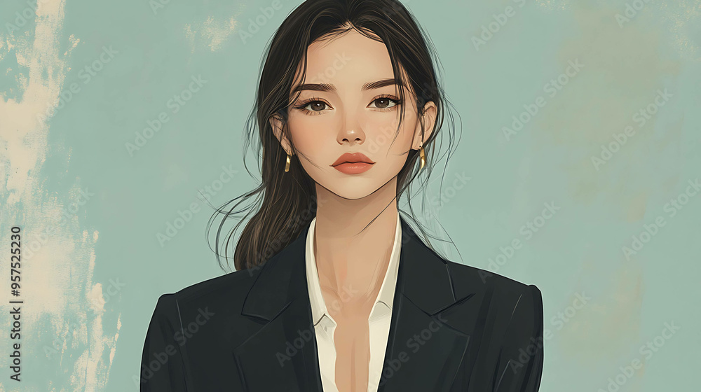 Beautiful woman with long dark hair in a black blazer, looking directly at the camera. Beautiful woman with long dark hair in a black blazer, looking directly at the camera.