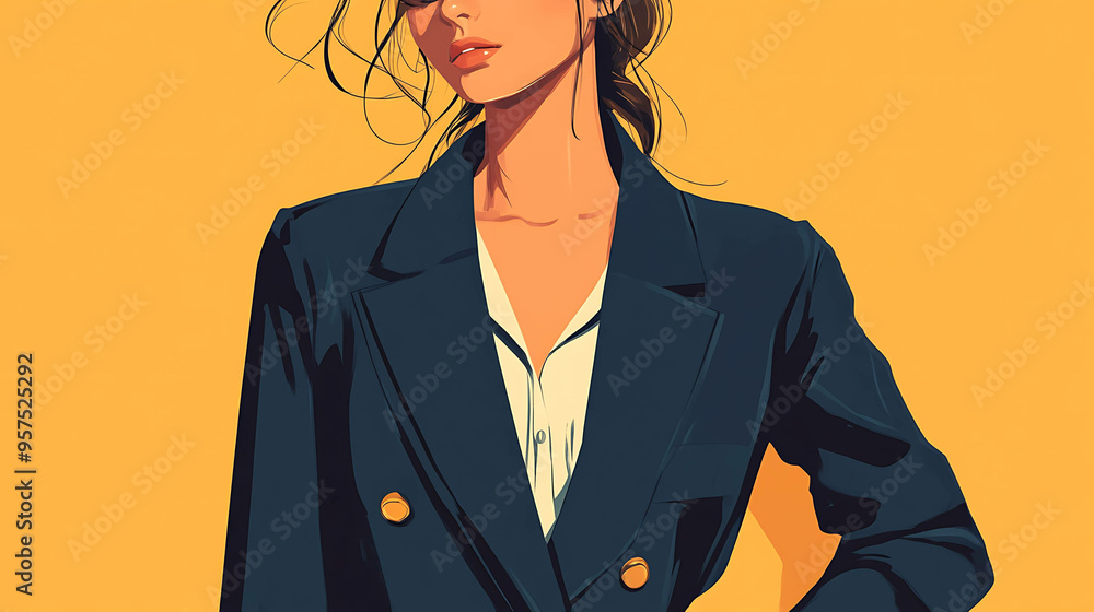 A woman in a stylish blue blazer and white shirt on a yellow background. A woman in a stylish blue blazer and white shirt on a yellow background.