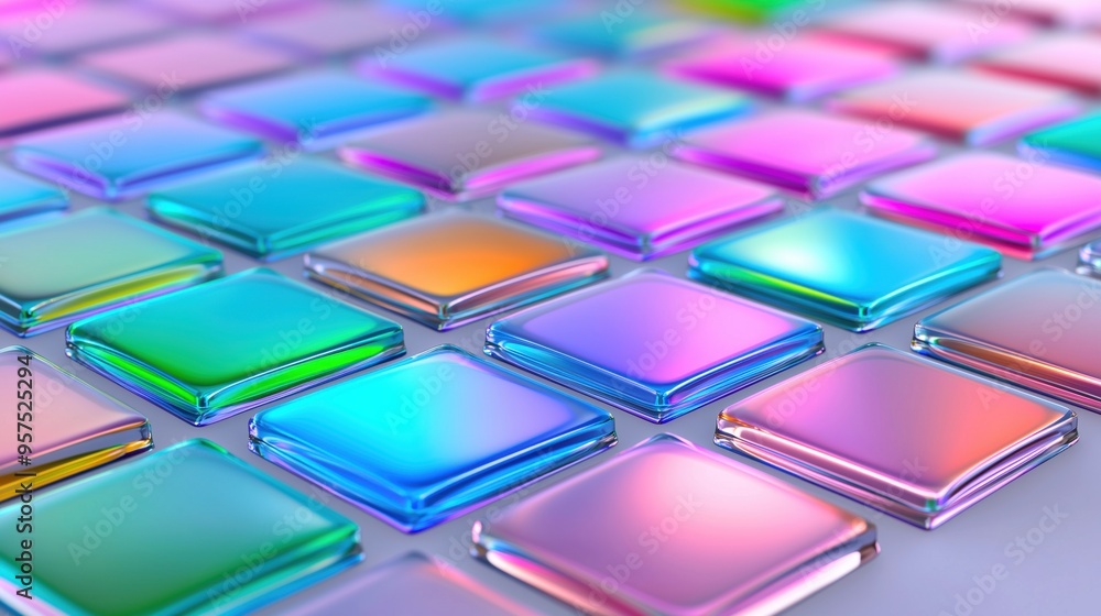 Abstract image of colorful, glossy, glass-like tiles arranged in a grid pattern, reflecting a spectrum of vibrant colors. Ideal for modern design and tech concepts. Abstract image of colorful, glossy, glass-like tiles arranged in a grid pattern, reflecting a spectrum of vibrant colors. Ideal for modern design and tech concepts.