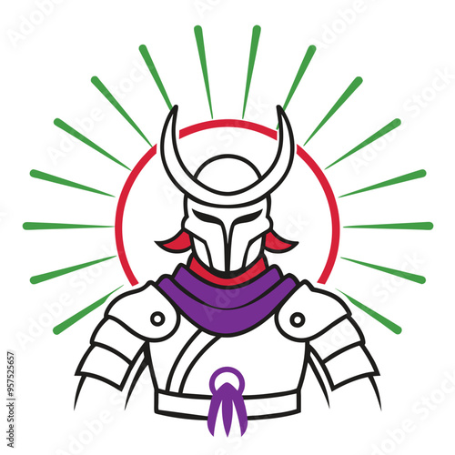 A stylized depiction of a samurai wearing white armor and a purple scarf, standing in front of a red sun with green rays