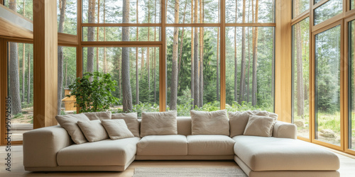 Minimalist Living Room with Beige Corner Sofa and Large Windows in Forest Country House