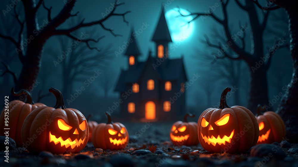 Halloween night with glowing jack-o'-lanterns and a haunted house Halloween night with glowing jack-o'-lanterns and a haunted house