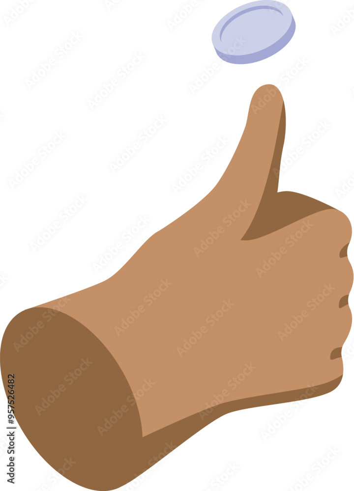 This isometric illustration features a hand flipping a coin, symbolizing the act of making a decision This isometric illustration features a hand flipping a coin, symbolizing the act of making a decision