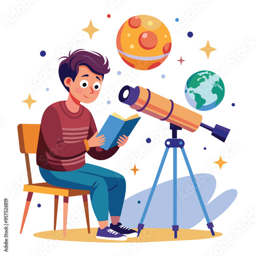 A young boy sits on a chair, reading a book about astronomy while a telescope stands next to him. Planets are floating around him
