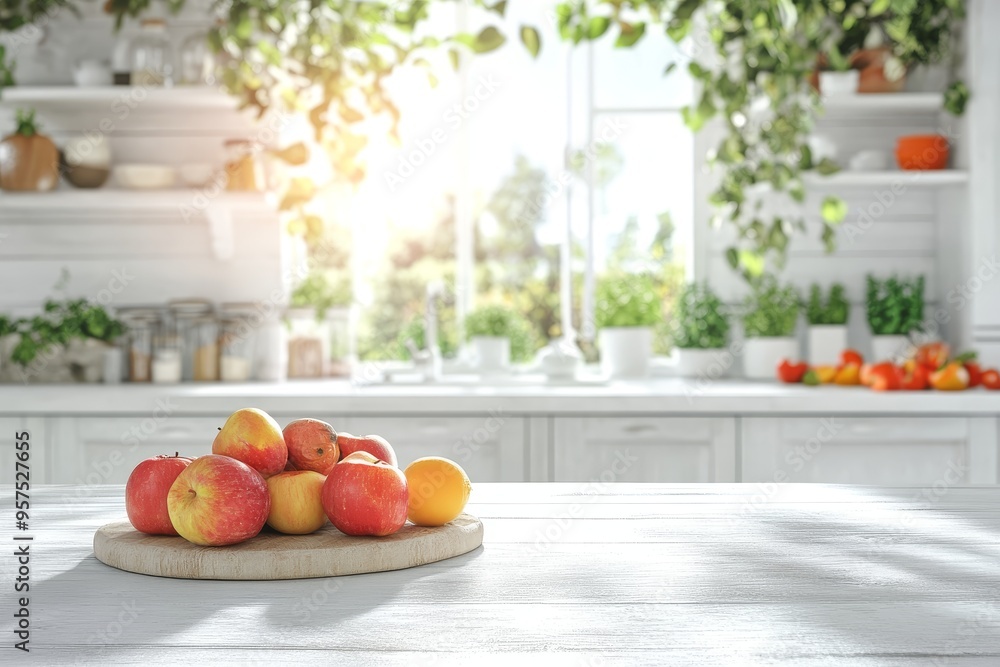 Fresh red apples and a lemon on a wooden cutting board on a white kitchen table with a blurred background. Fresh red apples and a lemon on a wooden cutting board on a white kitchen table with a blurred background.