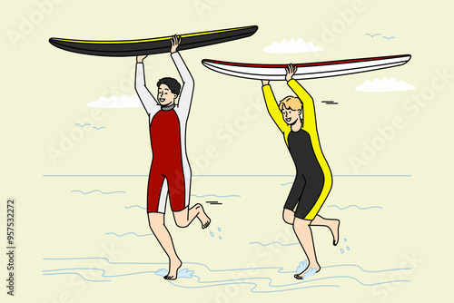 An illustration showing two people joyfully running along the beach while carrying surfboards overhead, ready for a surfing adventure. Perfect for travel, adventure, and beach-themed projects, capturi photo