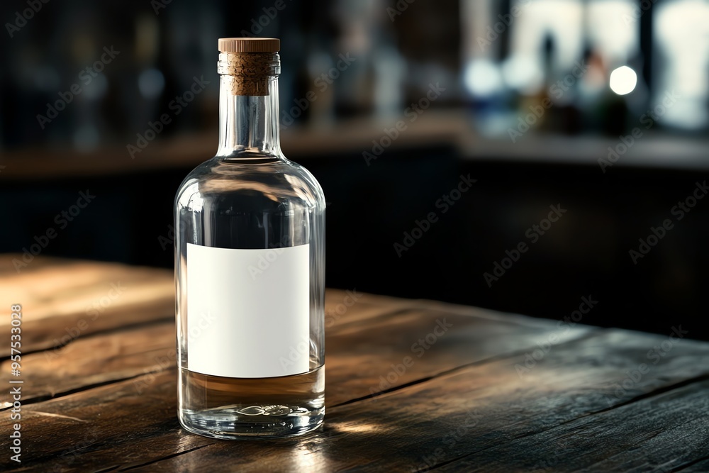 A Glass Bottle with a Cork and Blank Label on a Wooden Tabletop A Glass Bottle with a Cork and Blank Label on a Wooden Tabletop