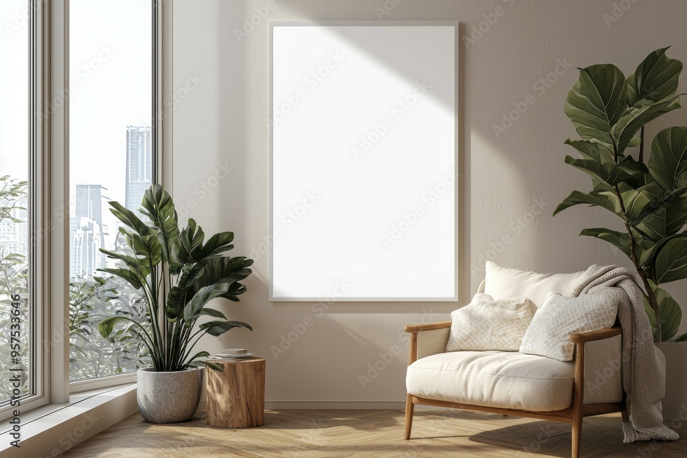 Fototapeta premium Poster Frame in Beige minimalist living room interior created with generative AI