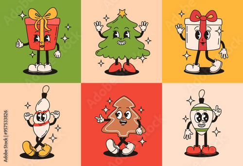 Set of Christmas groovy retro characters. Christmas tree, gift, gingerbread, Christmas tree toys. Flat vector illustration.