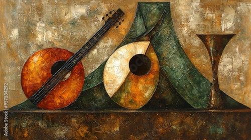 Abstract Still Life with Guitar, Drum, and Vase