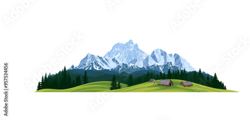 vector illustration - three huts on a mountain meadow