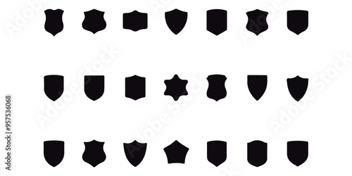 Lovely collection of shield silhouettes. Labels for the police, military, soccer, and other sports are shaped by black badges. 
