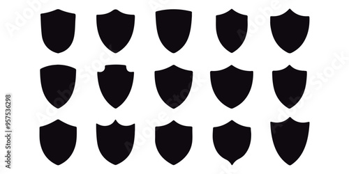 Lovely collection of shield silhouettes. Labels for the police, military, soccer, and other sports are shaped by black badges. 
