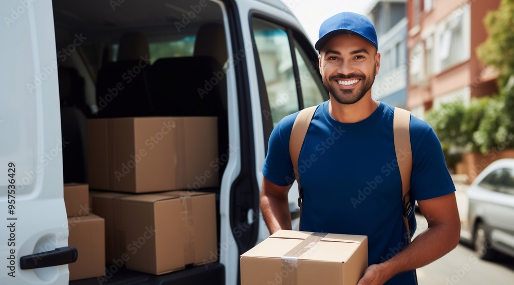 Delivery of the order to your home. A delivery person with a cardboard box with a parcel from a retailer next to a van with many orders ready for delivery. Generative ai Delivery of the order to your home. A delivery person with a cardboard box with a parcel from a retailer next to a van with many orders ready for delivery. Generative ai