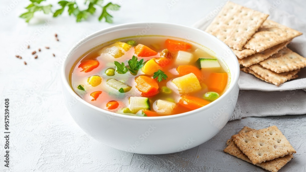 A vibrant bowl of vegetable soup served with crunchy crackers, perfect for a healthy meal or cozy gathering. A vibrant bowl of vegetable soup served with crunchy crackers, perfect for a healthy meal or cozy gathering.