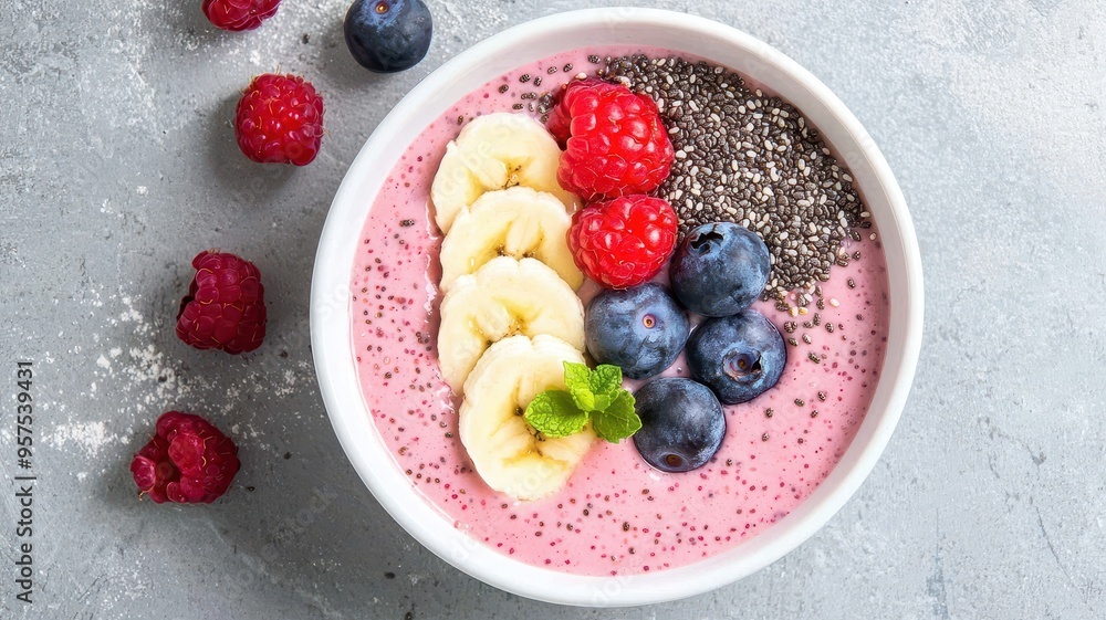 A vibrant smoothie bowl topped with fresh berries, banana slices, and chia seeds, perfect for a healthy breakfast or snack. A vibrant smoothie bowl topped with fresh berries, banana slices, and chia seeds, perfect for a healthy breakfast or snack.