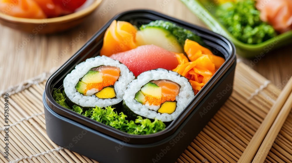 Delicious sushi bento box featuring fresh salmon, cucumber, and vibrant vegetables on a bamboo mat. Delicious sushi bento box featuring fresh salmon, cucumber, and vibrant vegetables on a bamboo mat.