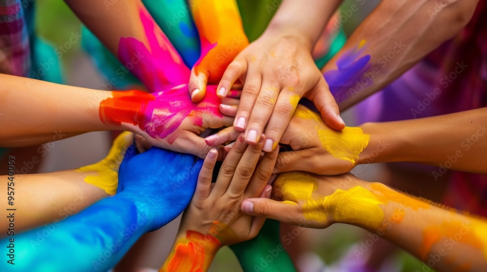 Fototapeta premium Embracing Diversity and Equality in Business: Hands of Various Colors Symbolize Unity
