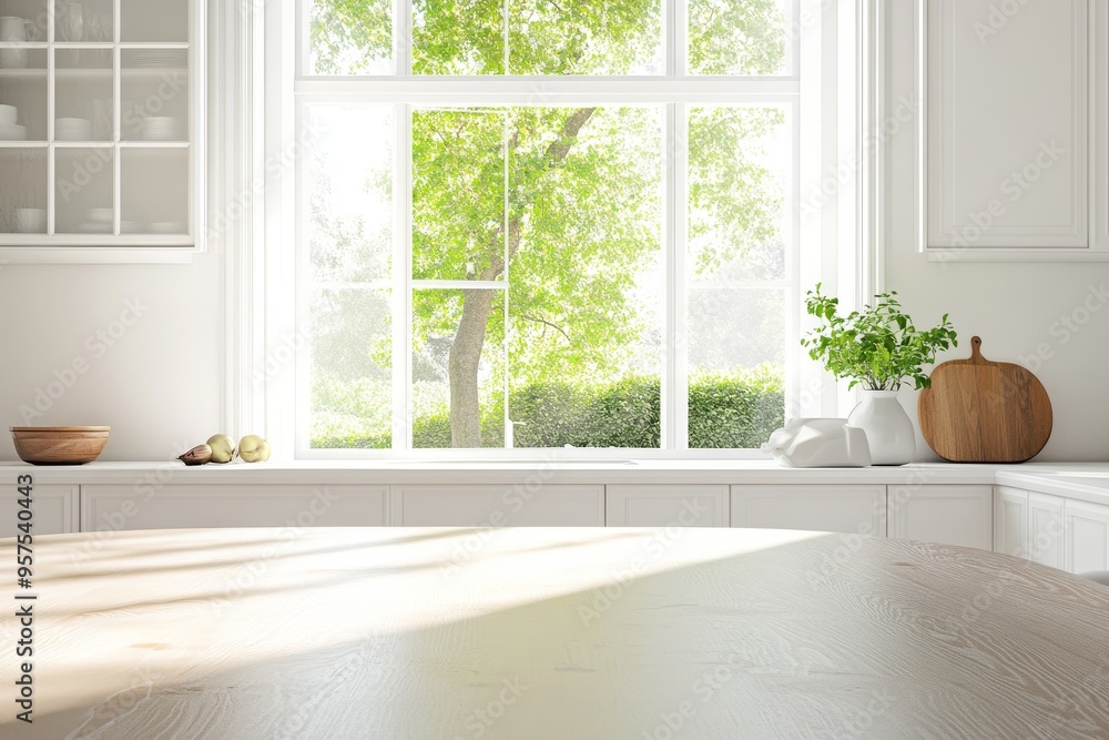 A sunny kitchen with a large window overlooking a lush green garden, featuring a wooden table and an empty countertop. A sunny kitchen with a large window overlooking a lush green garden, featuring a wooden table and an empty countertop.