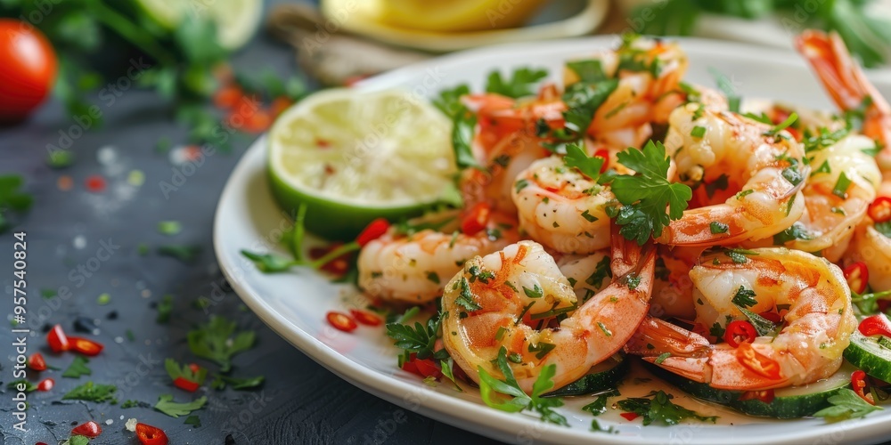 Cooked Shrimp and Seafood with Spicy Chili Sauce and Coriander Shrimp Salad with Lemon and Lime Fresh Shrimp on White Plate with Vegetables Cooked Shrimp and Seafood with Spicy Chili Sauce and Coriander Shrimp Salad with Lemon and Lime Fresh Shrimp on White Plate with Vegetables