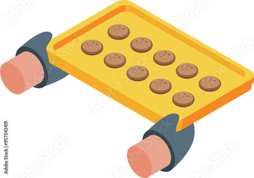 This isometric illustration features freshly baked cookies on a tray, held by a baker, ideal for showcasing baking processes