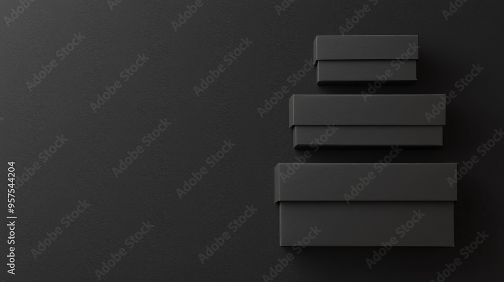Black gift boxes on dark textured background with space for text Black gift boxes on dark textured background with space for text