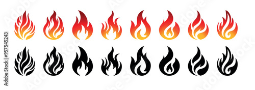 Set of simple small flames vector icons ans silhouettes bundle. Symbol of burning fire flame collection isolated on white background.
