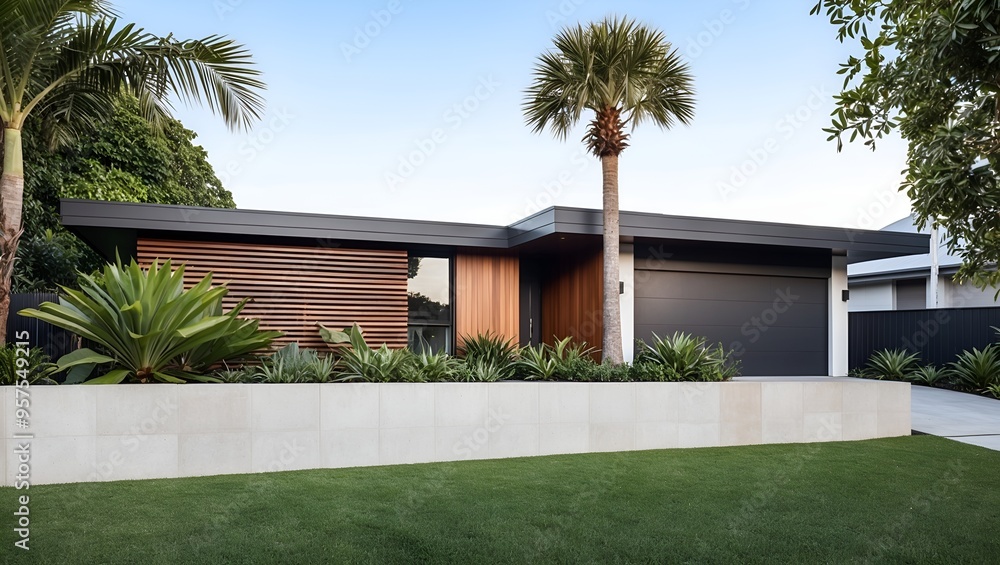 single-story house with a flat roof and a minimalist design. The exterior features a combination of wood and dark-colored materials, creating a sleek and contemporary look. single-story house with a flat roof and a minimalist design. The exterior features a combination of wood and dark-colored materials, creating a sleek and contemporary look.