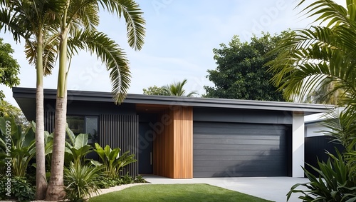 single-story house with a flat roof and a minimalist design. The exterior features a combination of wood and dark-colored materials, creating a sleek and contemporary look.