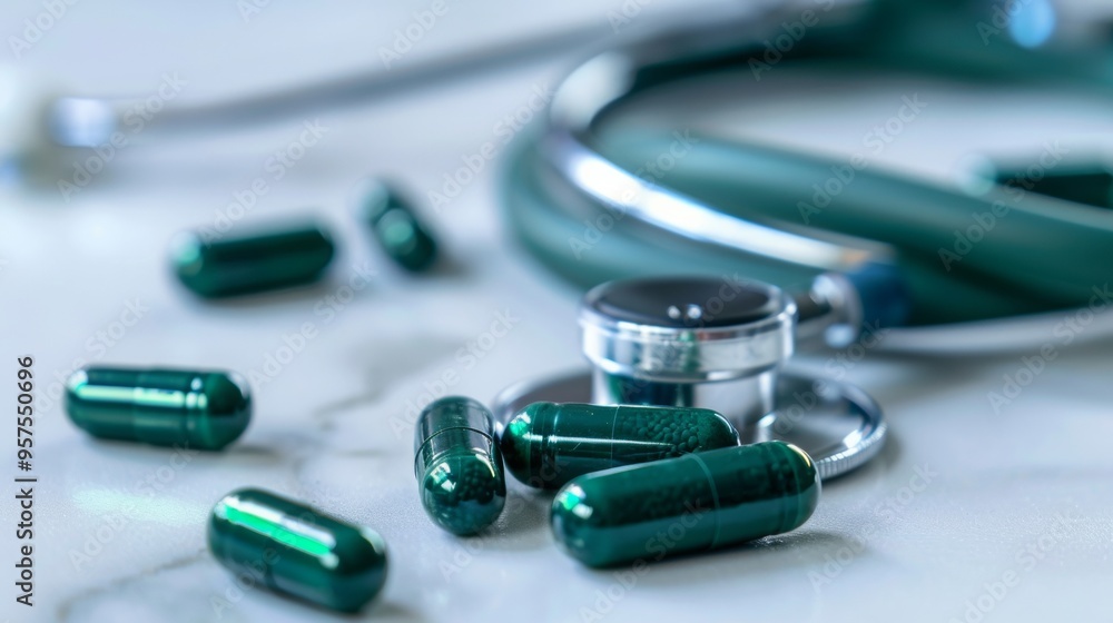 Medical Response to Antibiotic Overuse: Stethoscope with Green Capsules on White Table Medical Response to Antibiotic Overuse: Stethoscope with Green Capsules on White Table