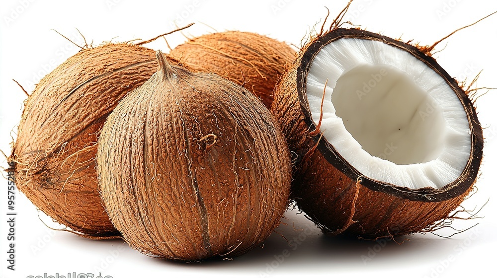Close-up of Whole and Half Coconuts on White Background Close-up of Whole and Half Coconuts on White Background