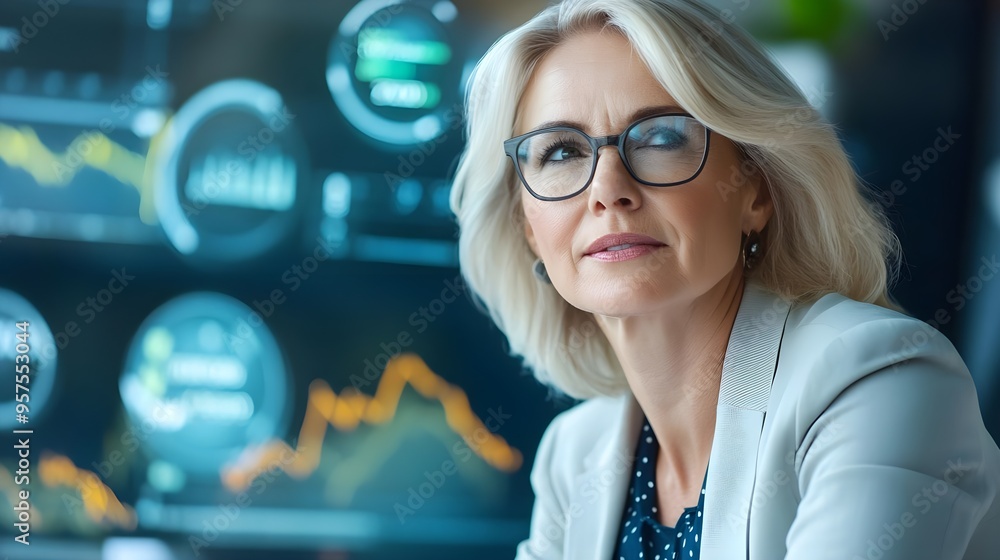Confident Businesswoman Looking Up at Data Screen Confident Businesswoman Looking Up at Data Screen