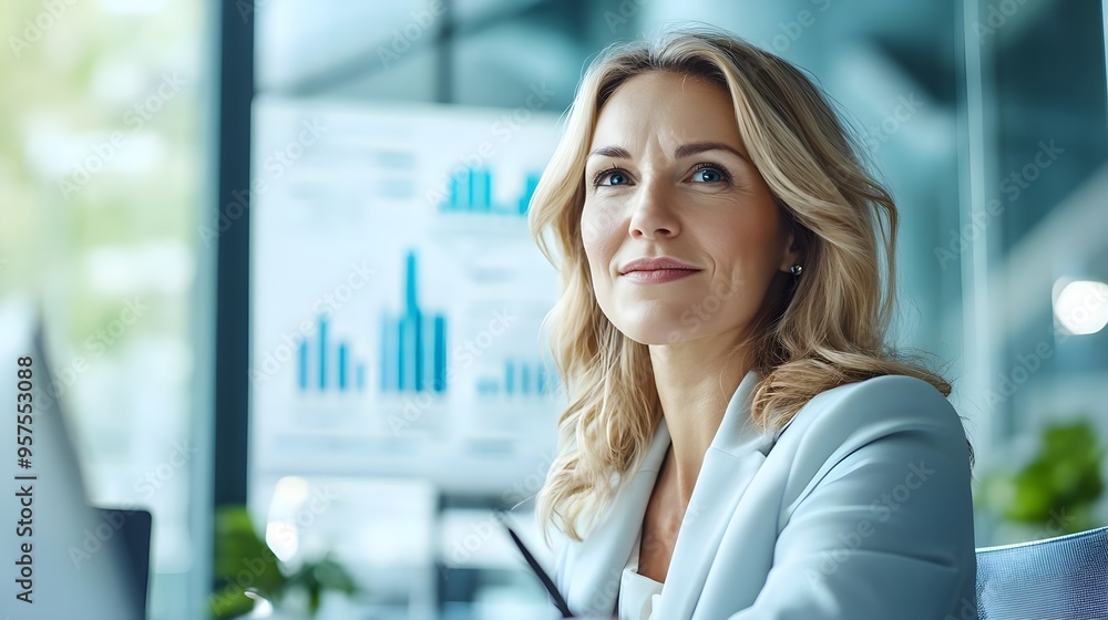 Confident Businesswoman Looking Up with Hopeful Expression Confident Businesswoman Looking Up with Hopeful Expression