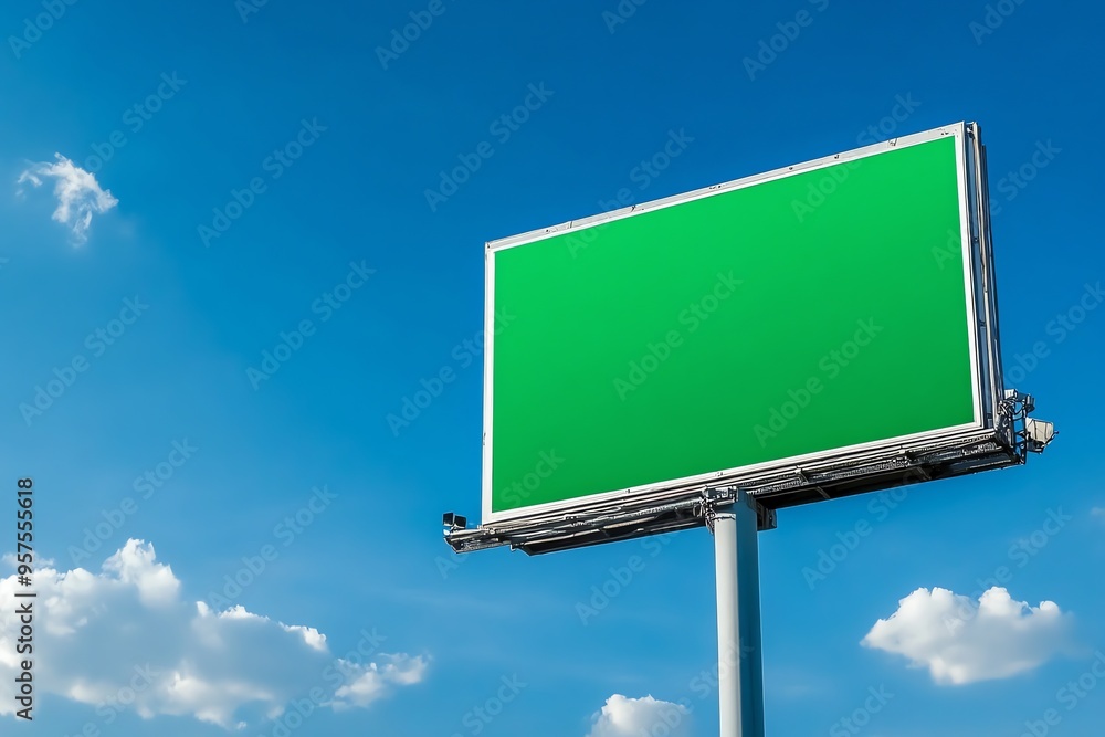 Green Billboard Against a Blue Sky with White Clouds Green Billboard Against a Blue Sky with White Clouds