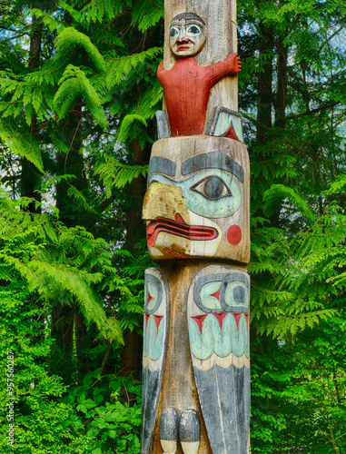 Traditional totem pole standing tall in a lush forest setting photo