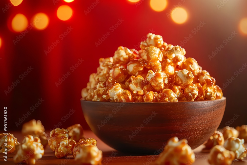 Caramel Popcorn in a Wooden Bowl on a Red Background Caramel Popcorn in a Wooden Bowl on a Red Background