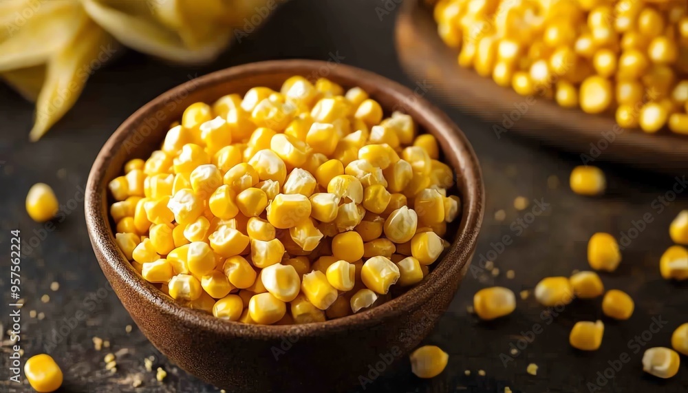 Close-up of a wooden bowl filled with yellow corn kernels Close-up of a wooden bowl filled with yellow corn kernels