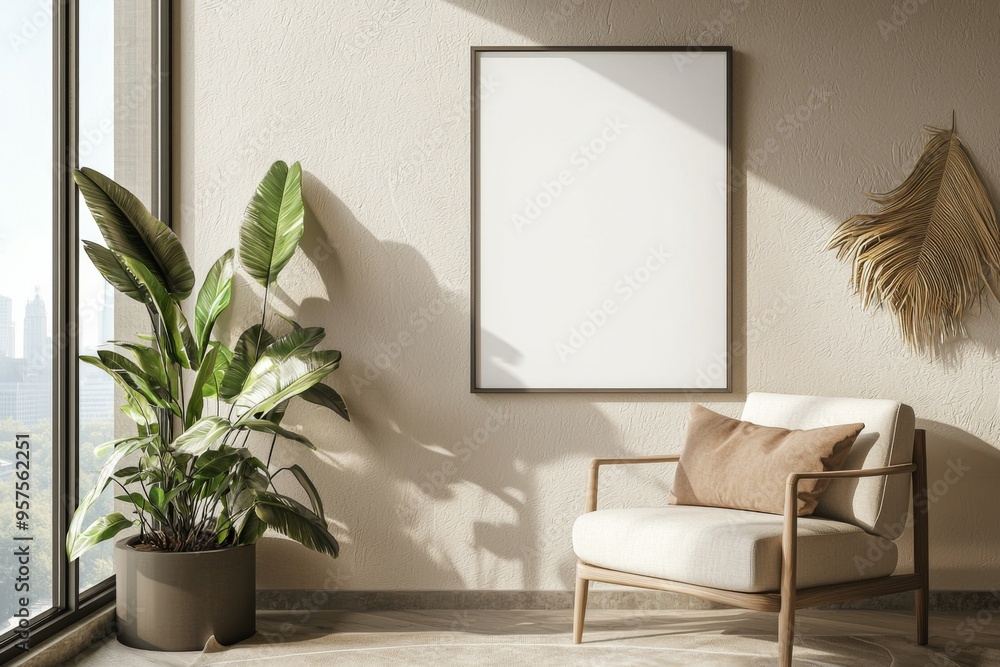 Poster Frame in Beige minimalist living room interior created with generative AI Poster Frame in Beige minimalist living room interior created with generative AI