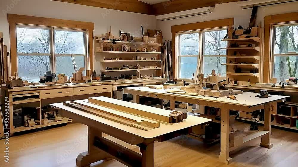 a woodworking shop with two workbenches and a large window a woodworking shop with two workbenches and a large window