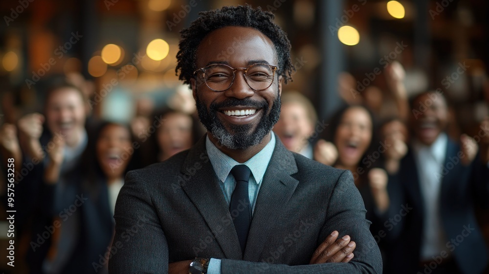 Smiling Businessman Leader in Front of Cheerful Team