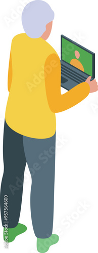 Elderly woman is standing and holding a laptop, video calling with someone