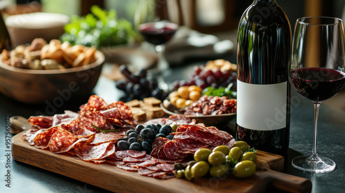 A table with a variety of food and a bottle of wine