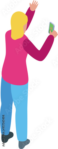 Young woman is taking a photo with her smartphone while raising her hand in the air