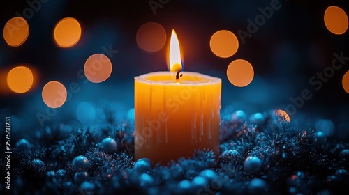 A Single Candle Burning Brightly Amidst Blue Lights